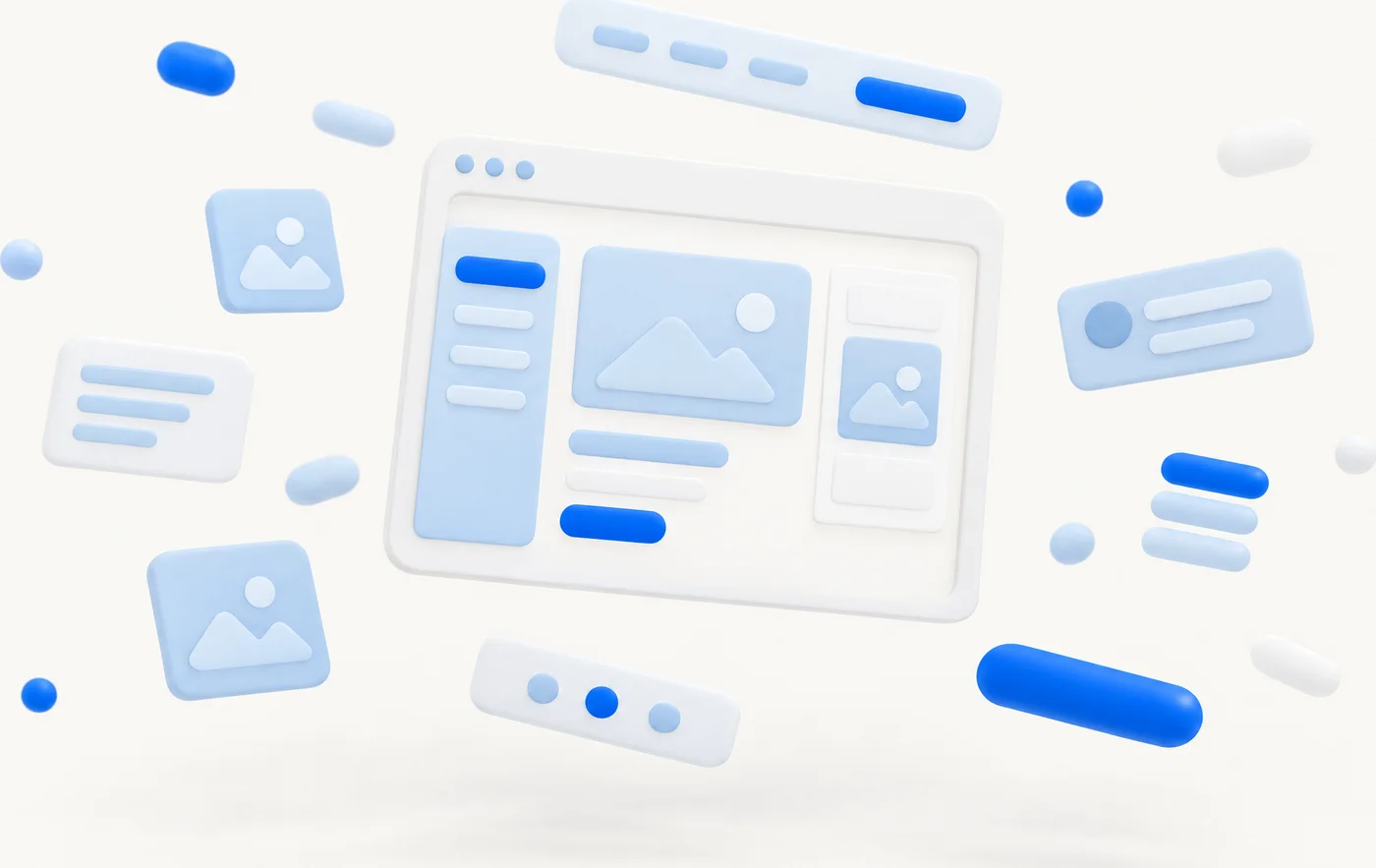 Matte 3D-Bausteine einer Website schweben um ein Browserfenster und setzen sich zusammen